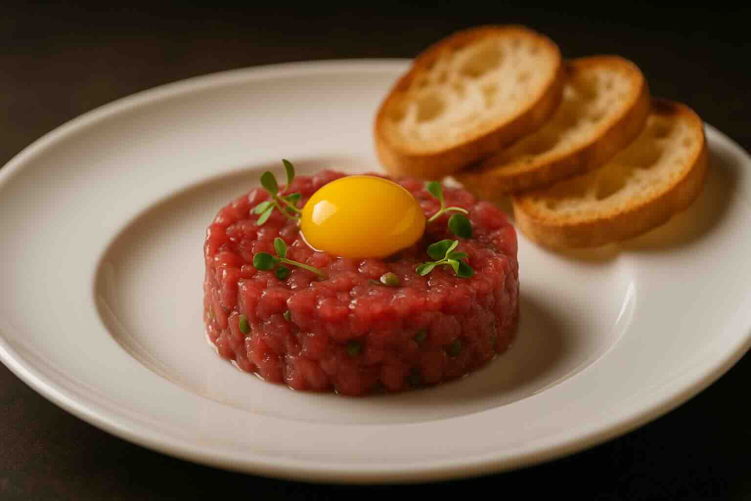 Classic beef tartare served with quail egg and toasted bread