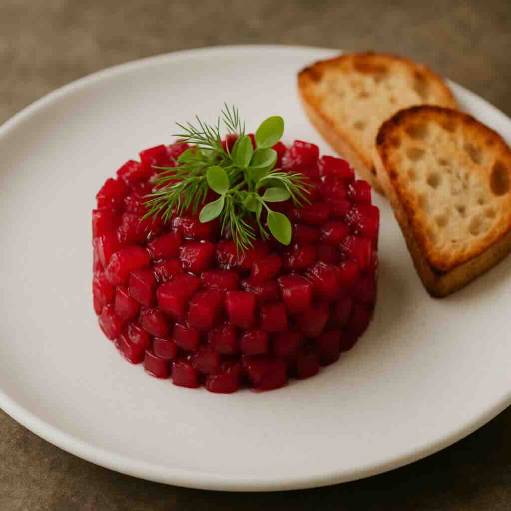 Roasted beet tartare arranged on a white plate with microgreens