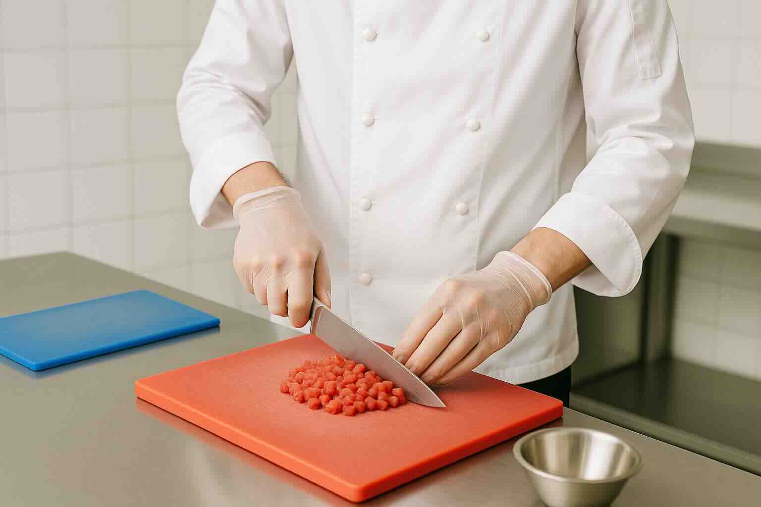 Chef preparing tartare with proper safety equipment