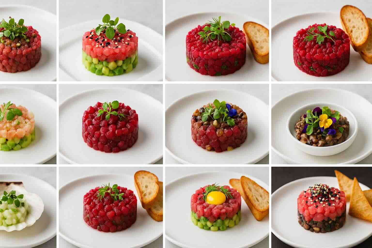 A spread of different tartare dishes across categories