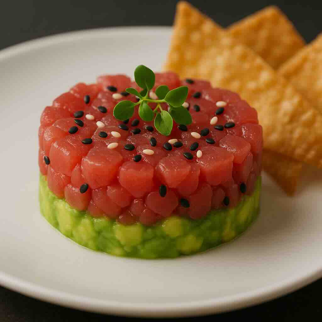 Tuna and avocado tartare with sesame seeds and microgreens